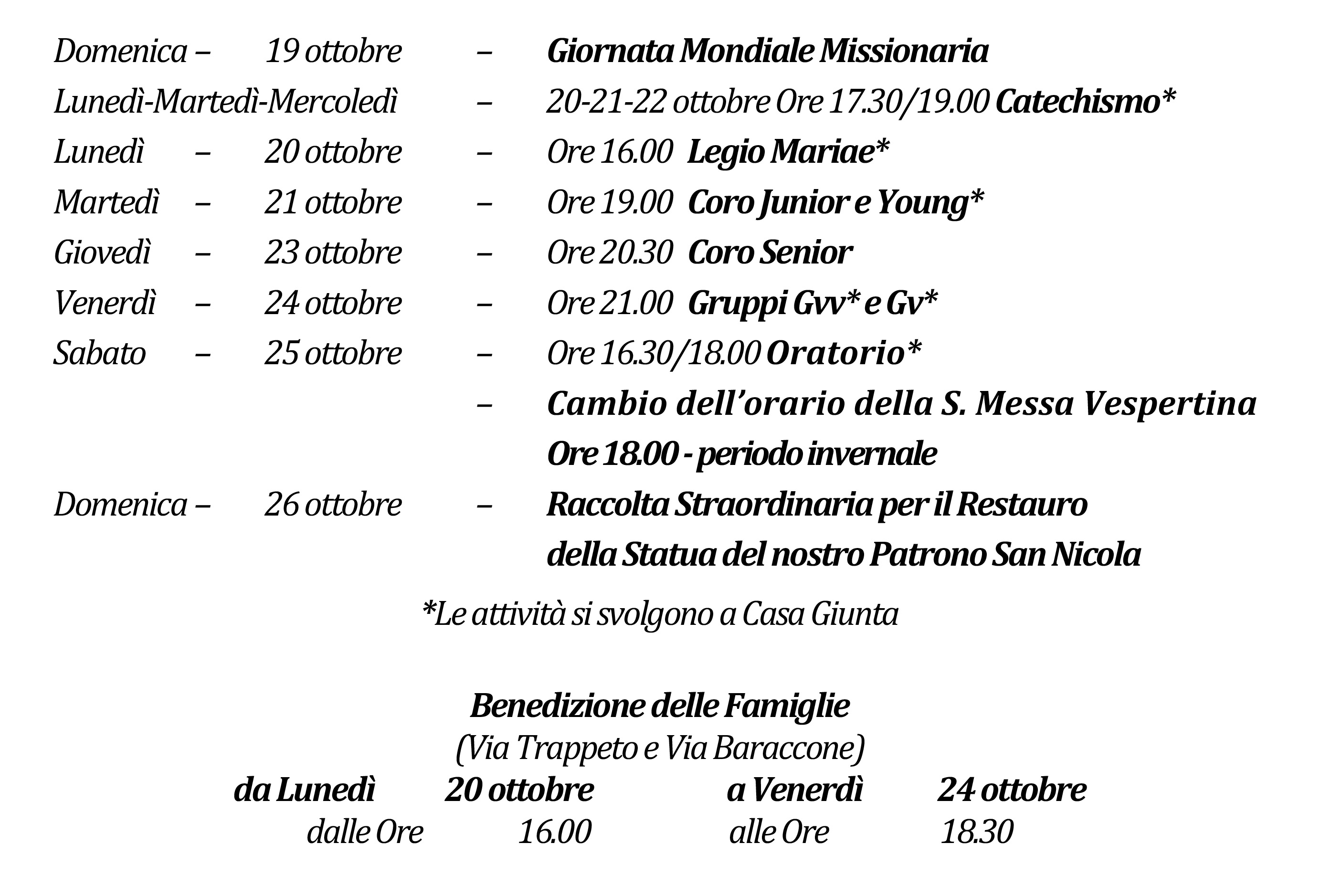 Avvisi della settimana piccolo 10-19-2025